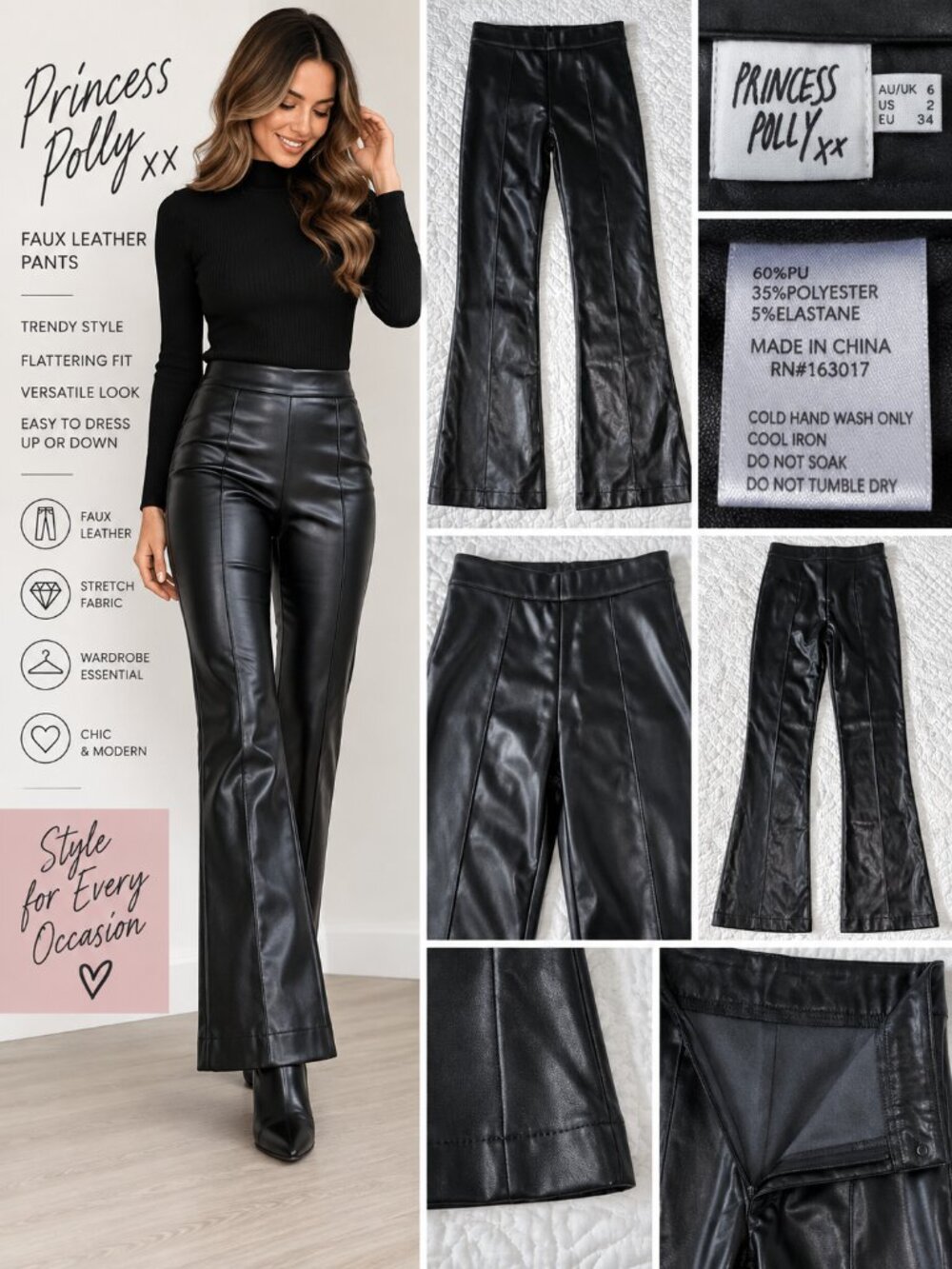 Princess Polly Black Faux Leather Flare Pants Women’s US 2 High Waist Stretch